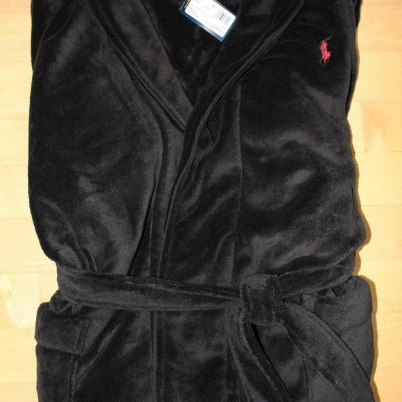 POLO RALPH LAUREN MEN'S PLUSH BATH ROBE BLACK - Picture 2 of 8